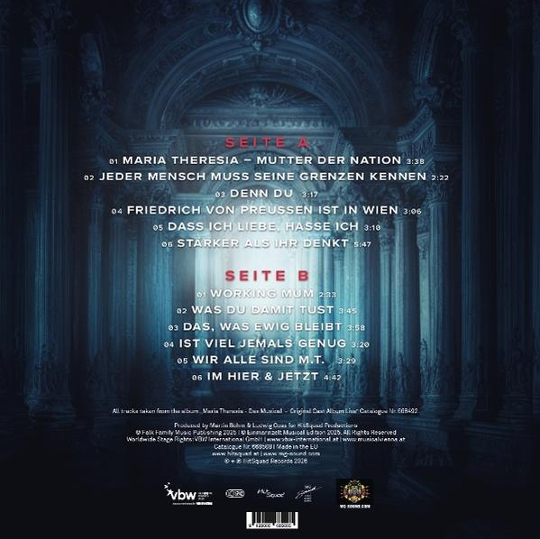 Trackliste eines Albums vor einem dunklen, gotischen Hintergrund mit Säulen und Bögen.