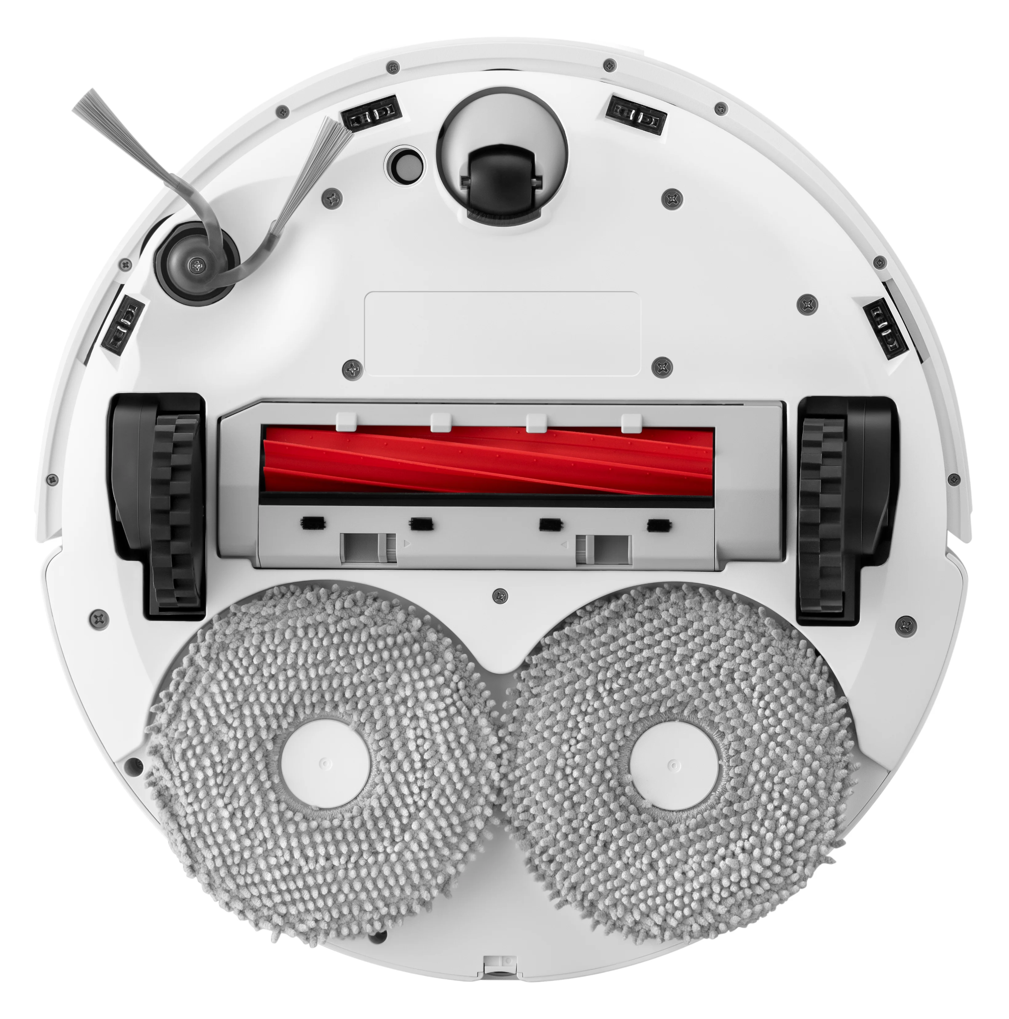 Egy fehér robotporszívó alja két kerek, szürke felmosópárnával és egy piros fő kefével.