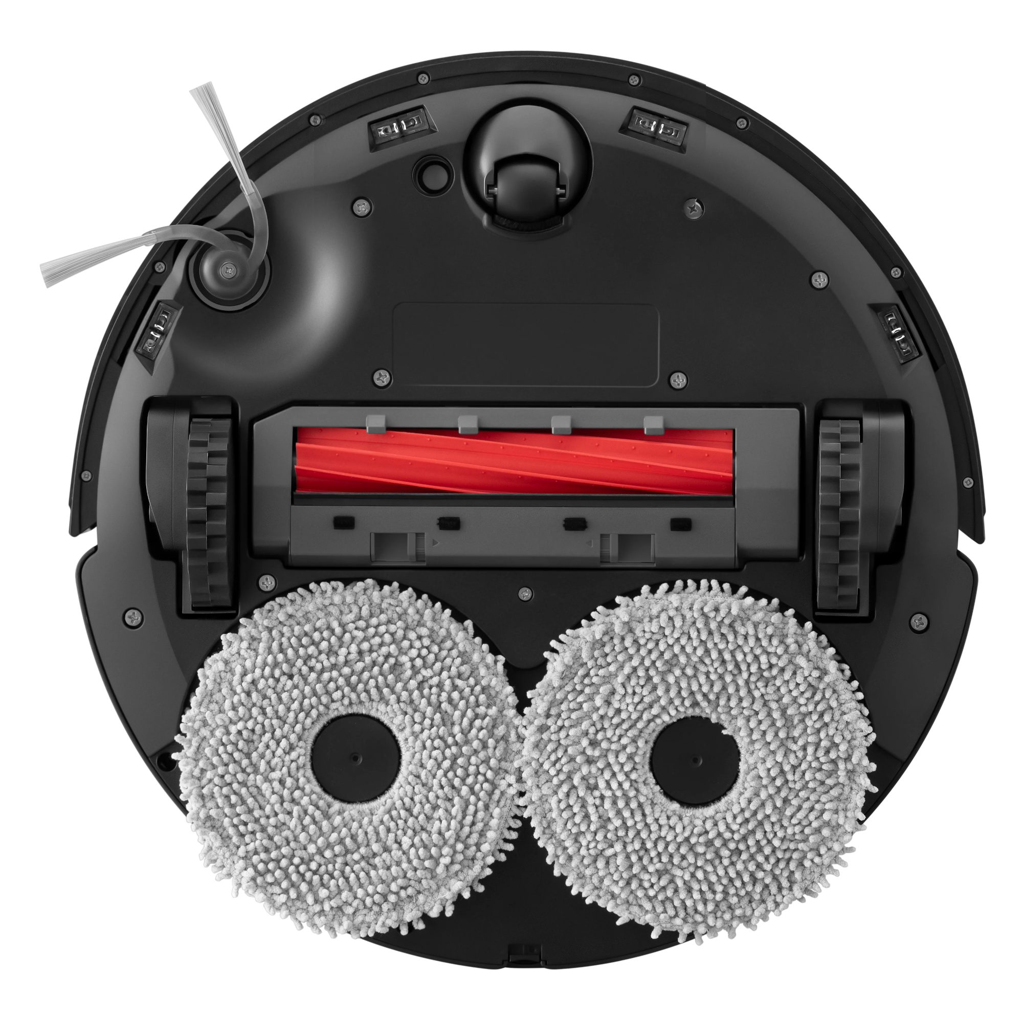 Egy fekete robotporszívó alja forgókefékkel és két szürke felmosópárnával.