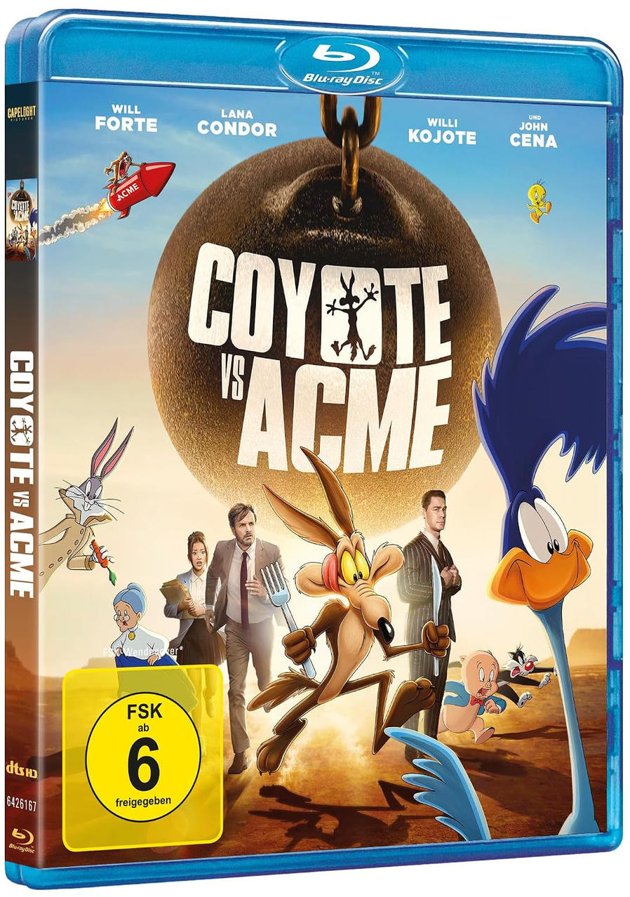 Blu-ray-Hülle für Coyote vs Acme mit Wile E. Coyote, Road Runner, Live-Action-Schauspielern und Cartoons.