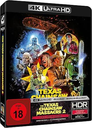 Cover von The Texas Chainsaw Massacre 2 4K Ultra HD mit Horrorgestalten und einer Kettensäge.