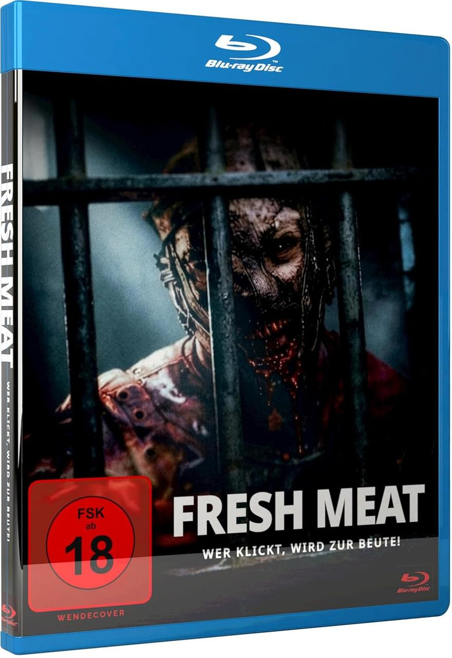 Blu-ray-Hülle von Fresh Meat mit blutigem Zombie hinter Gefängnisstäben.
