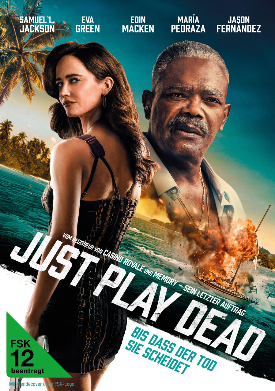 Filmplakat für Just Play Dead mit Eva Green und Samuel L. Jackson vor tropischem Ozean und Bootsexplosion.