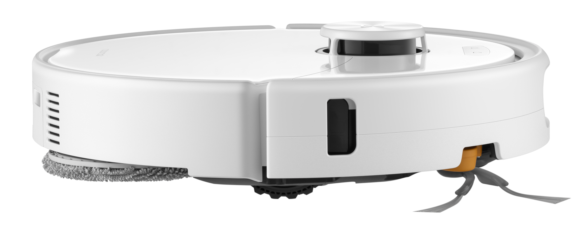 Egy fehér robotporszívó tetején LiDAR érzékelővel, oldalkefével és alatta szürke felmosópárnával.