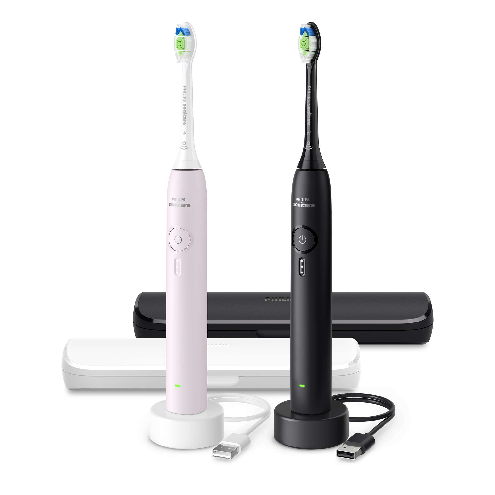 Dos cepillos de dientes eléctricos Philips Sonicare en rosa y negro con cargadores y estuches.