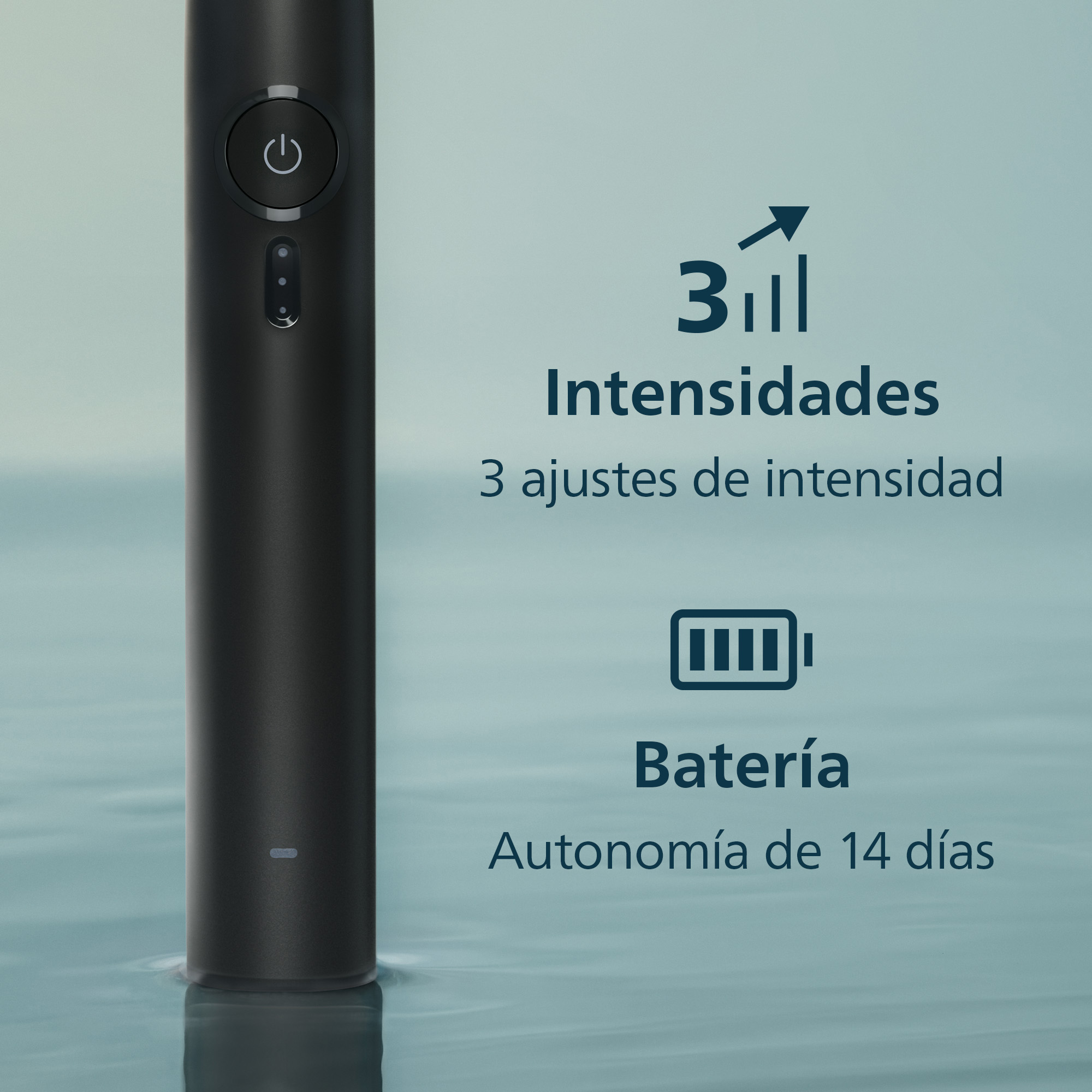 Cepillo de dientes eléctrico negro con 3 intensidades y 14 días de batería.