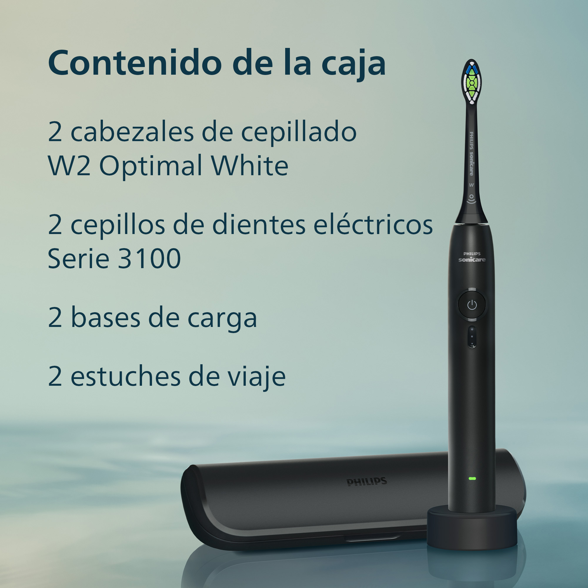 Contenido de la caja: cepillo eléctrico Philips Sonicare negro con base de carga y estuche de viaje.