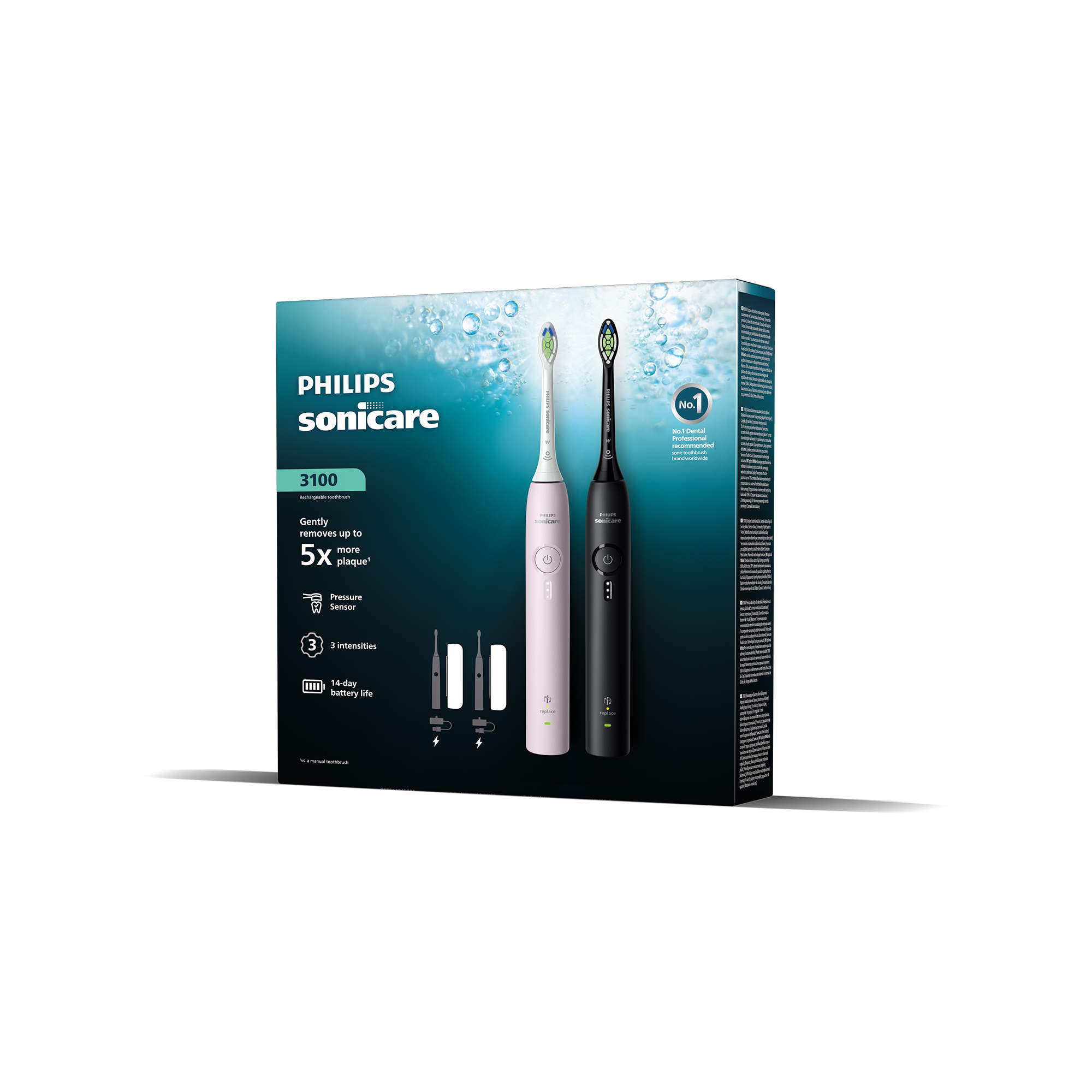 Caja de cepillos de dientes Philips Sonicare 3100 en azul y negro con dos cepillos eléctricos.