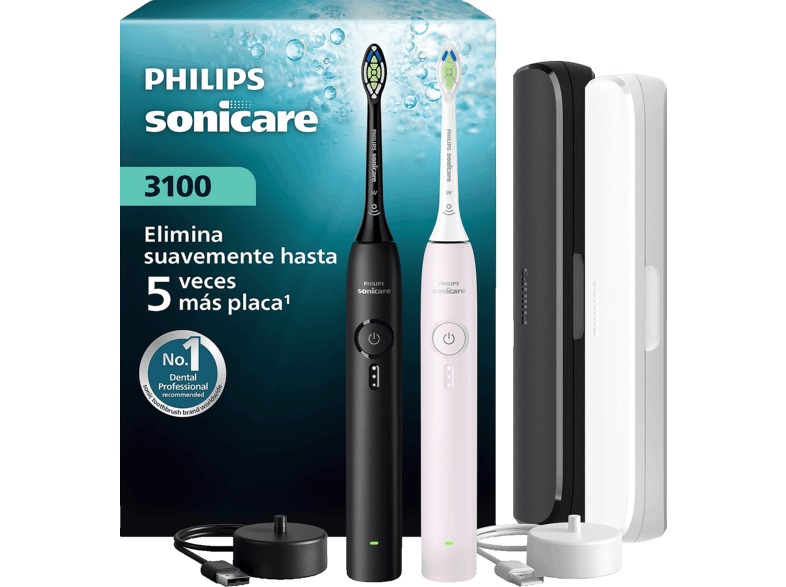 Cepillo eléctrico - Philips Sonicare 3100 HX4072/42, Pack dúo, Hasta 5 veces más placa, Sensor de presión, 3 intensidades, 14 días batería