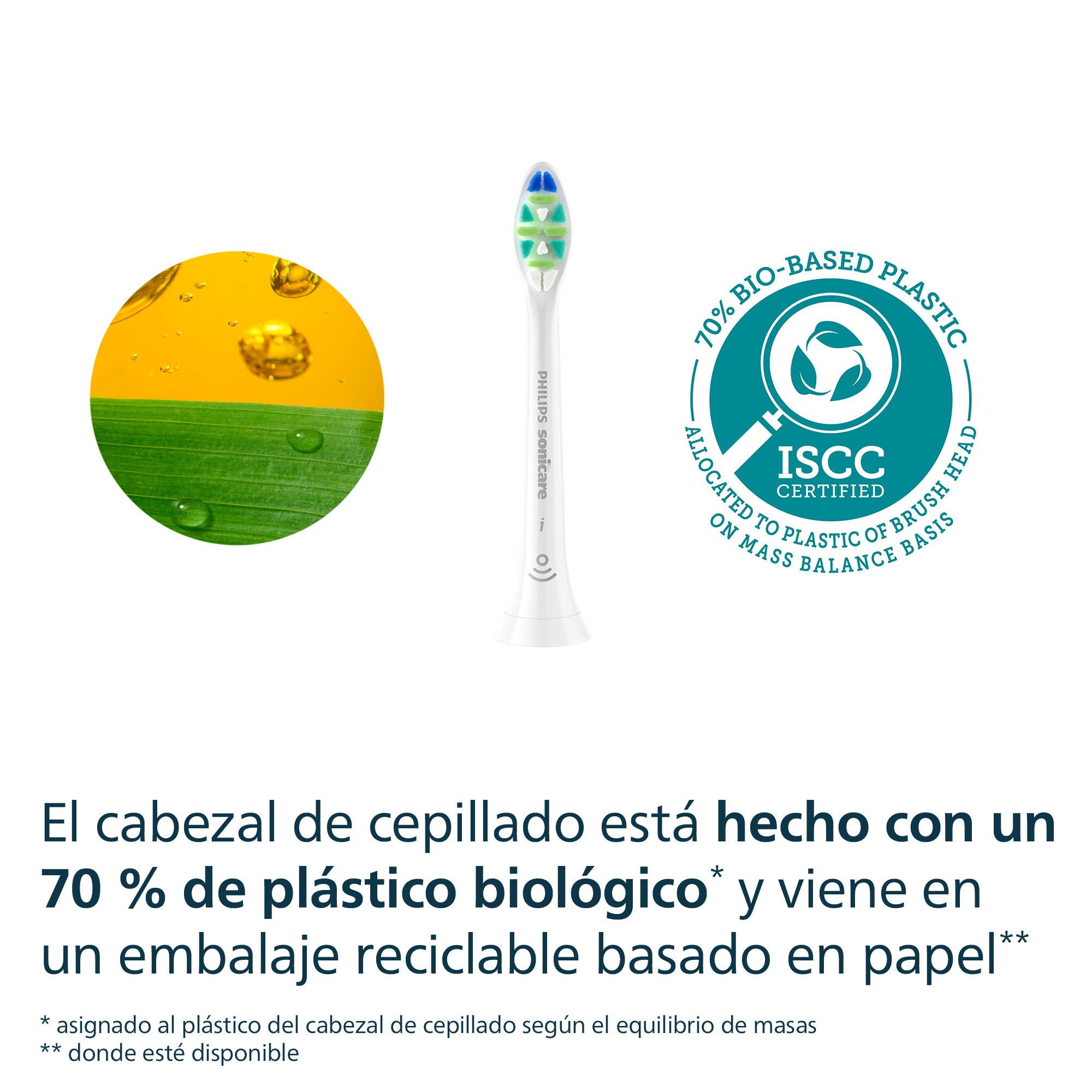 Cabezal de cepillo Philips Sonicare con sello de certificación de bioplástico y hoja verde.