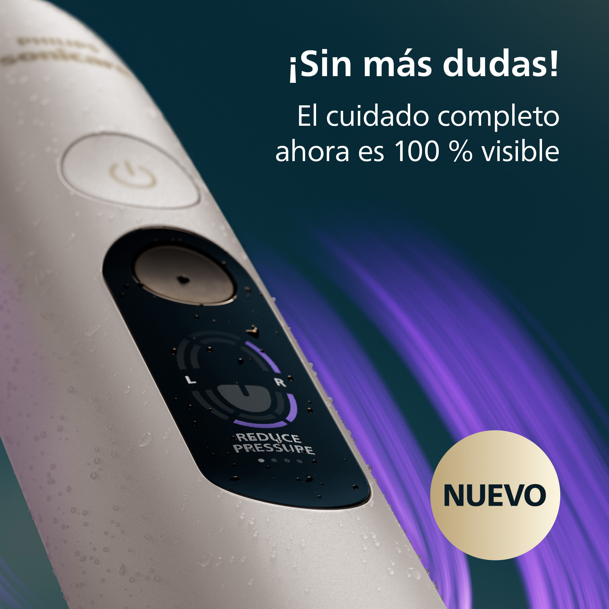 Cepillo de dientes eléctrico blanco mojado con pantalla digital y texto sobre fondo oscuro.