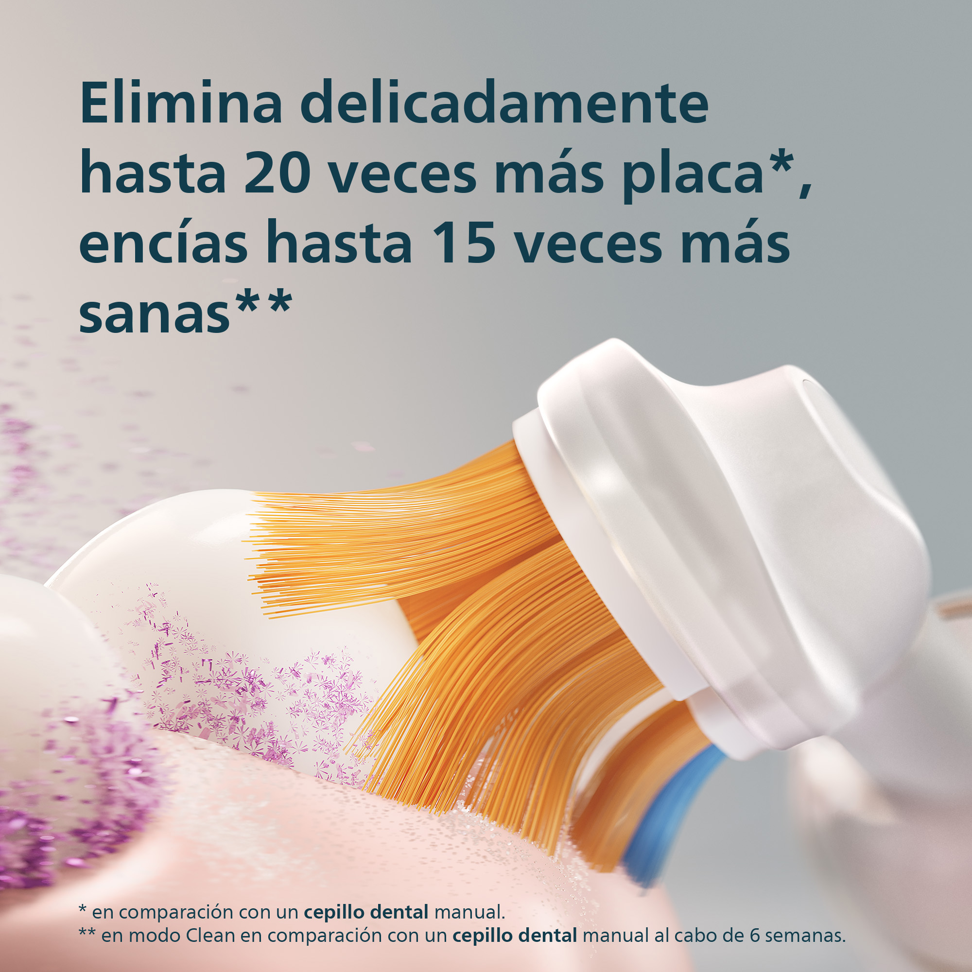 Un cepillo eléctrico limpia placa de un diente, con texto publicitario arriba.