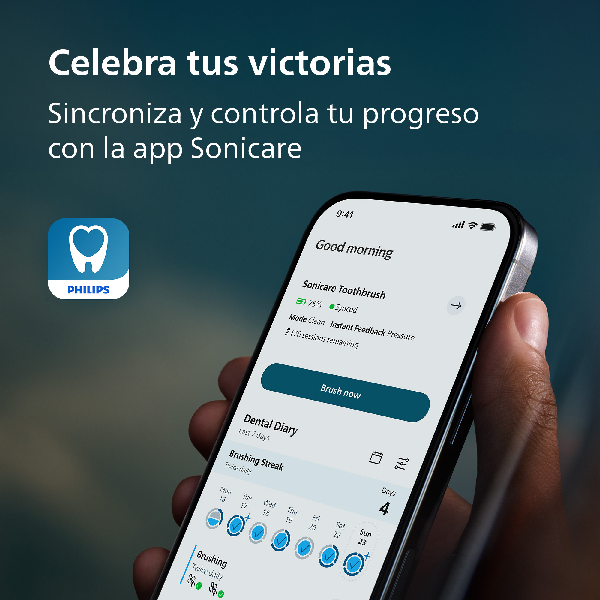 Una mano sostiene un smartphone con la app Philips Sonicare mostrando el estado de cepillado y calendario.
