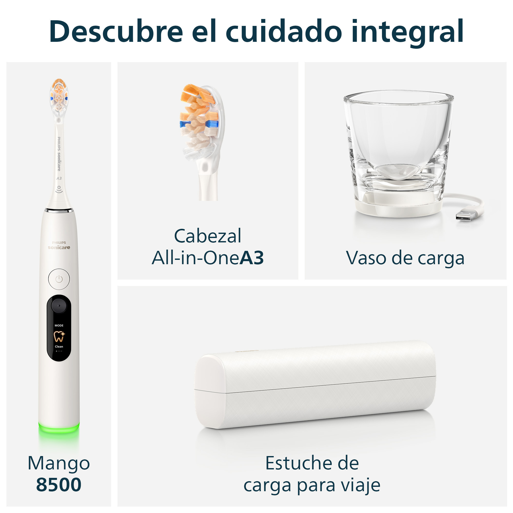 Cepillo Philips Sonicare 8500 con cabezal A3, vaso de carga y estuche de viaje sobre fondo gris.