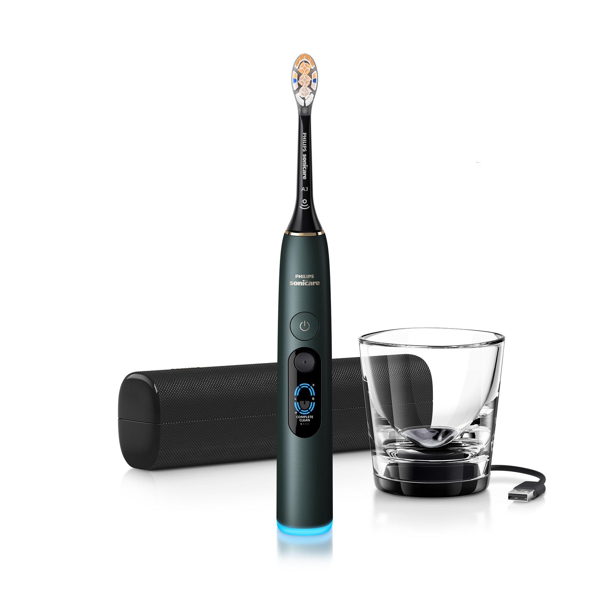 Cepillo de dientes eléctrico Philips Sonicare verde oscuro con vaso de carga, estuche y cable USB.