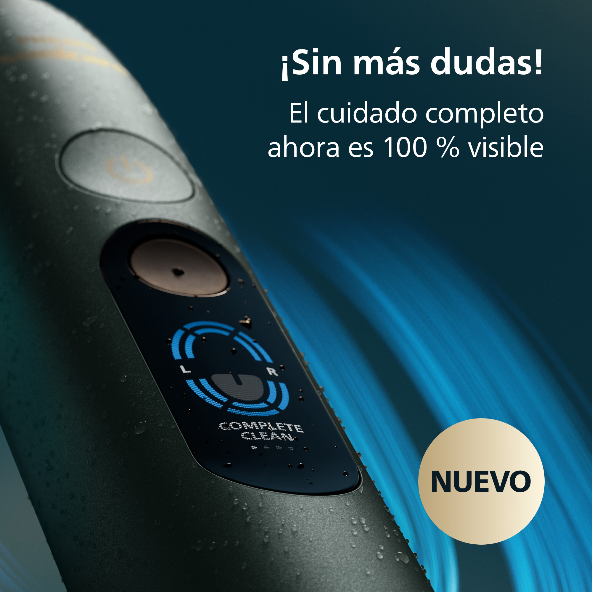 Cepillo de dientes eléctrico verde oscuro con pantalla iluminada y gotas de agua en la superficie.