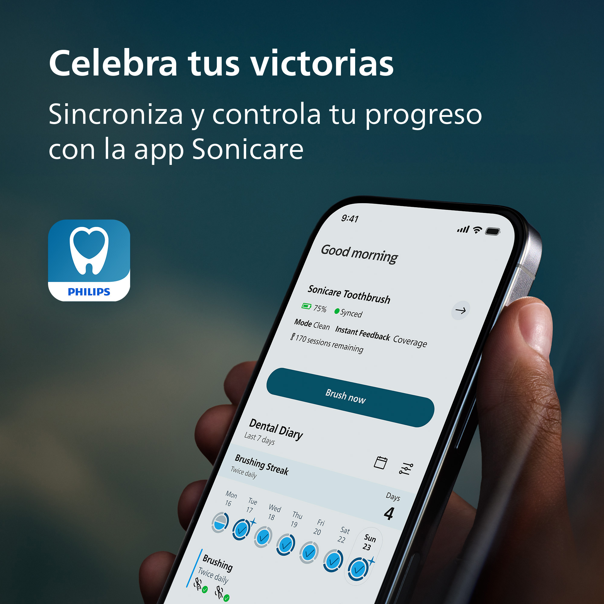 Mano sosteniendo un smartphone con la app Philips Sonicare que muestra el progreso.