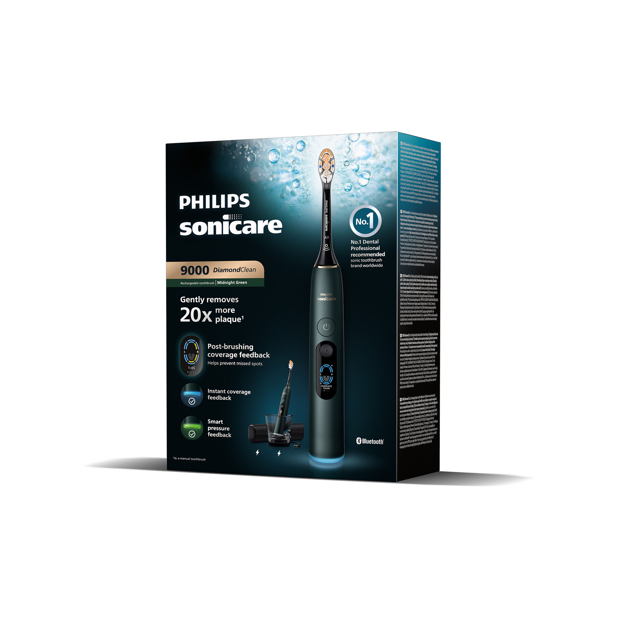 Caja de embalaje del cepillo de dientes verde oscuro Philips Sonicare 9000 con texto e imágenes.