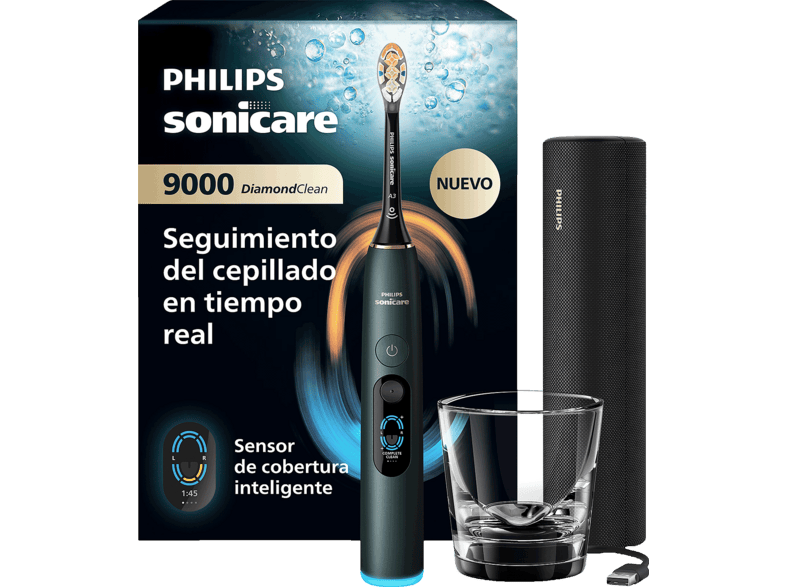 Cepillo eléctrico - Philips Sonicare DiamondClean 9000 HX9213/84, 20x más placa, 7 modos, Sensor de presión, Vaso cargador, Estuche viaje, Verde