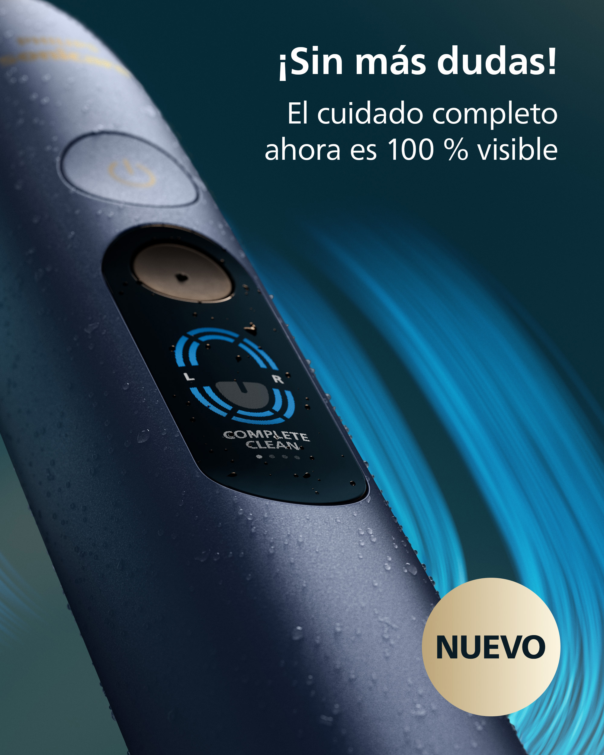 Un cepillo de dientes eléctrico azul con gotas de agua y pantalla brillante sobre fondo azul oscuro.