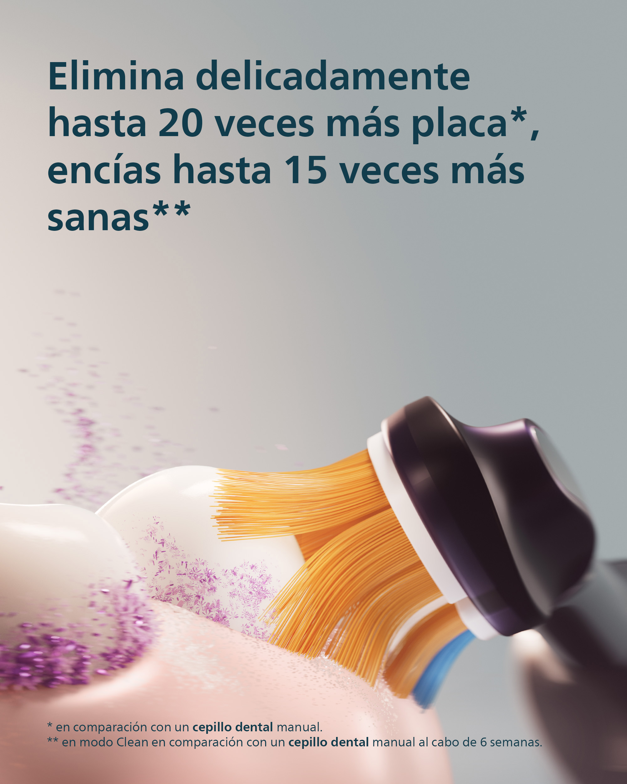 Un cepillo de dientes eléctrico elimina la placa. Texto en español al fondo.