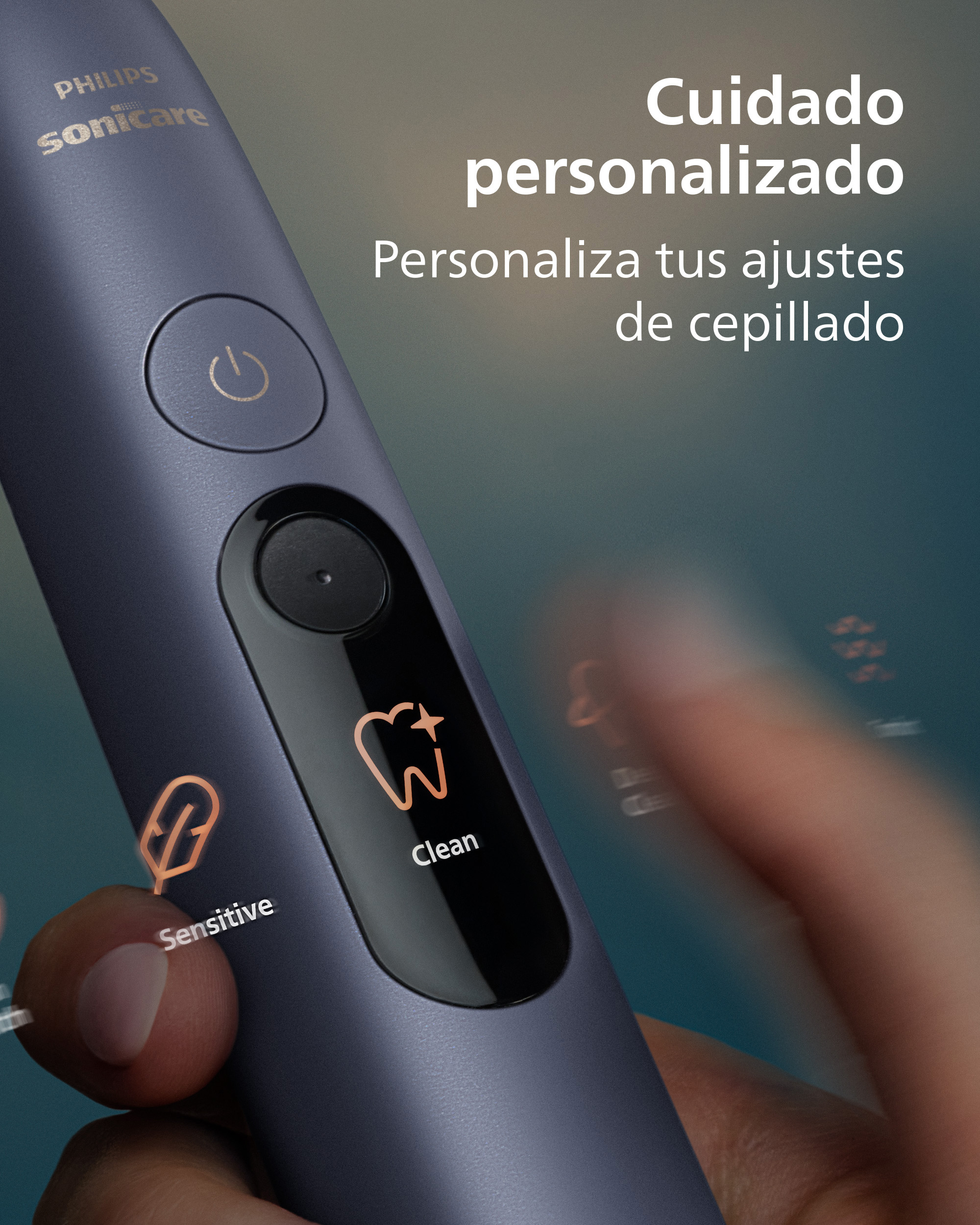 Mano sosteniendo un cepillo Philips Sonicare con pantalla iluminada y texto.