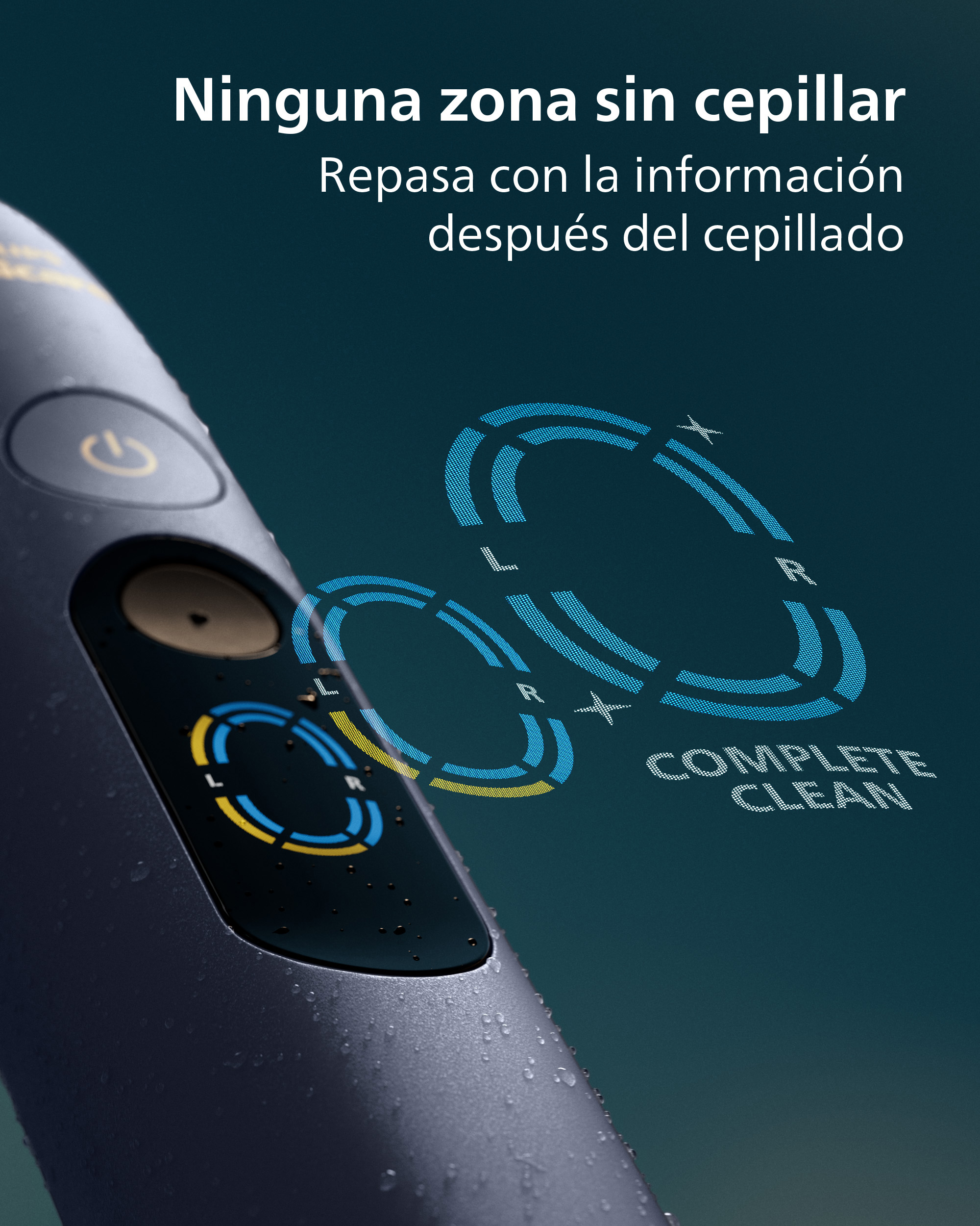 Cepillo de dientes eléctrico azul con pantalla digital que muestra información de cepillado.