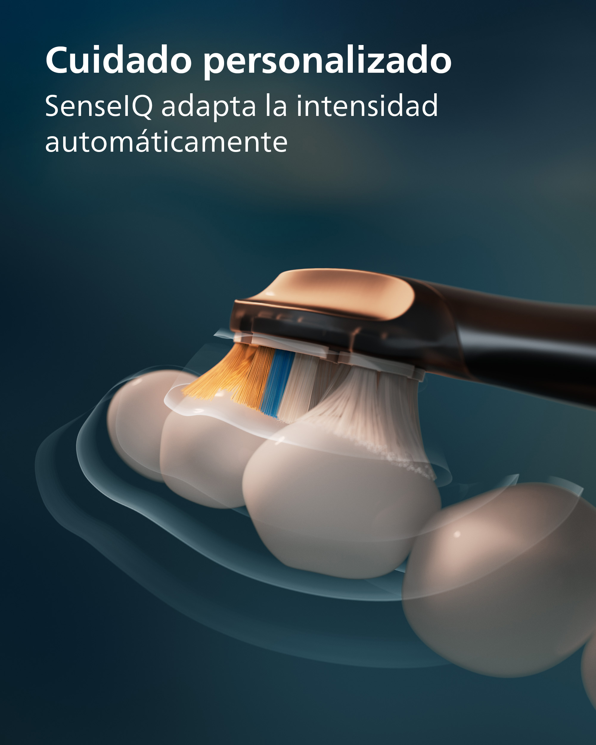 Un cepillo de dientes eléctrico limpia dientes blancos. Texto en español arriba.