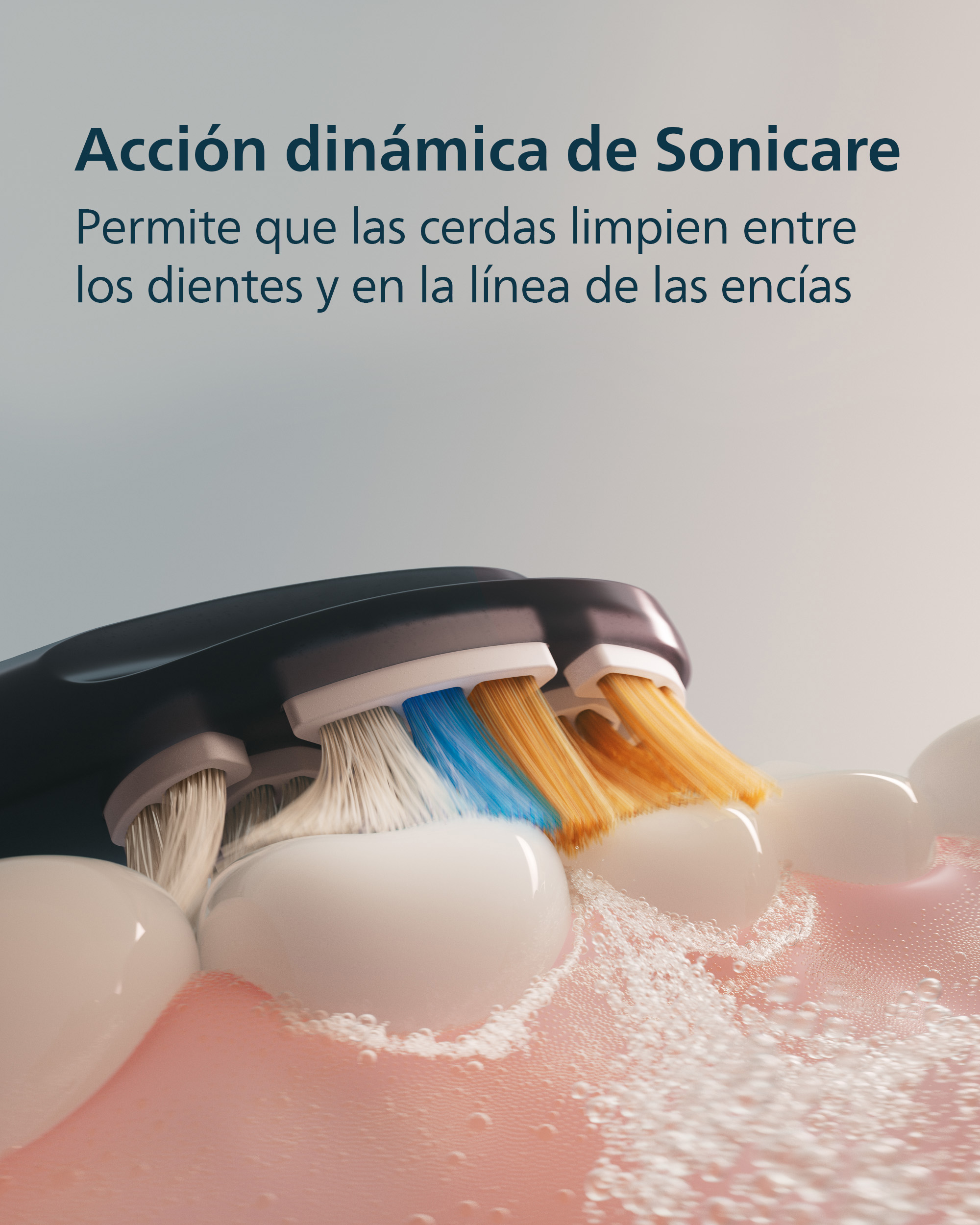 Un cepillo de dientes eléctrico limpia los dientes y encías con cerdas blancas y azules y espuma.