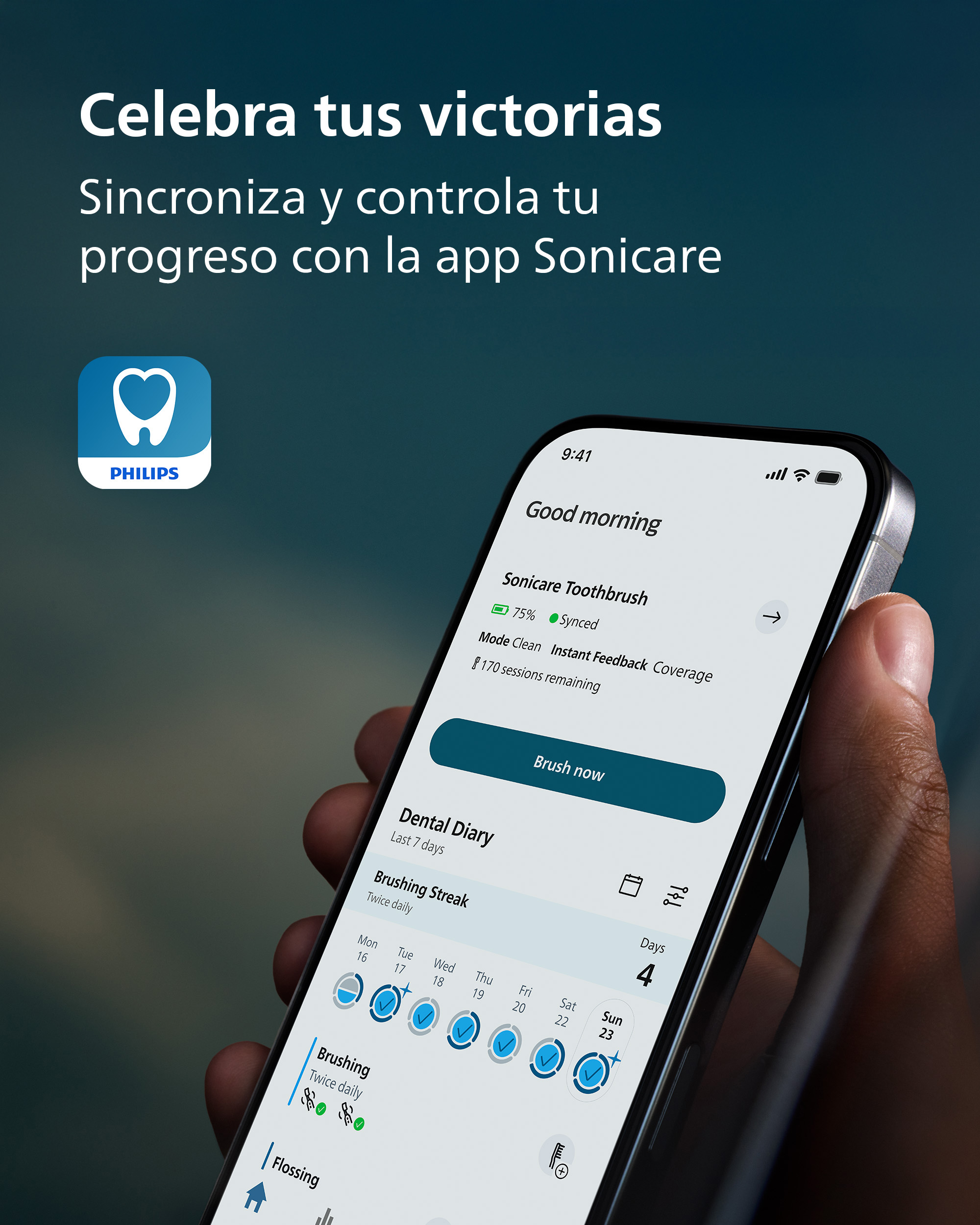 Mano sosteniendo un smartphone con la app Philips Sonicare mostrando datos dentales.