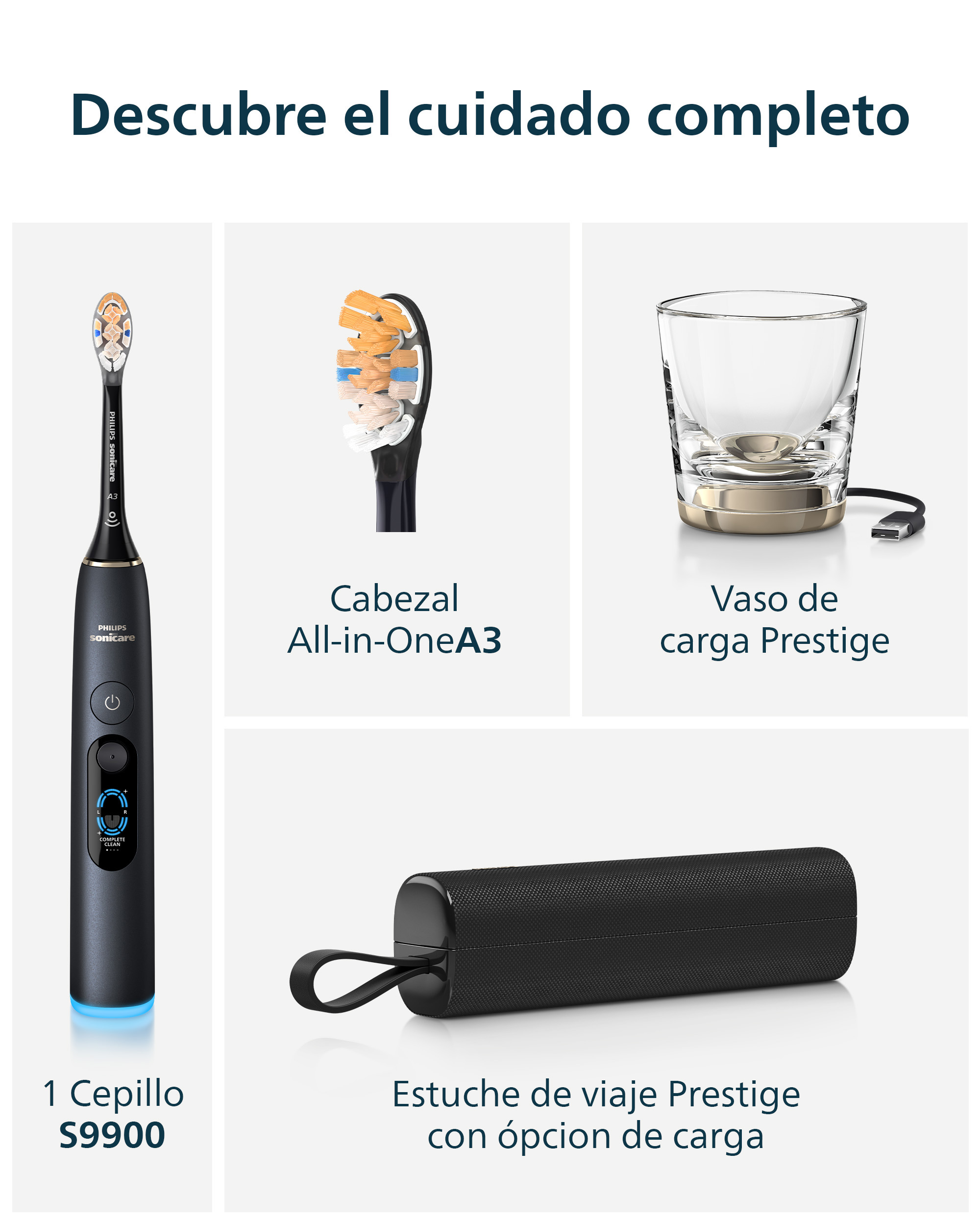Cepillo Philips Sonicare S9900 con cabezal All-in-One, vaso de carga y estuche de viaje.