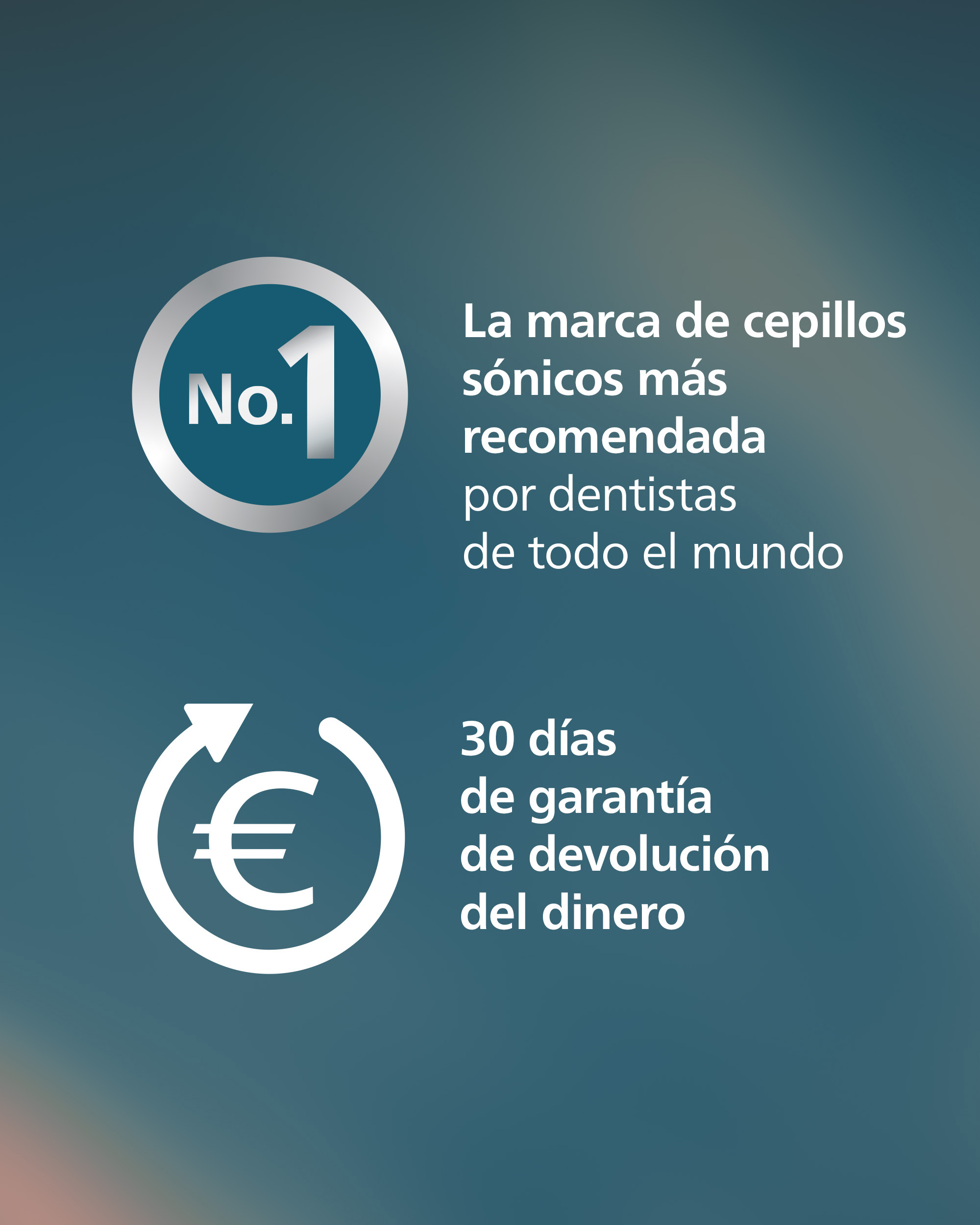 Anuncio de cepillos sónicos con insignia de número 1 y garantía de devolución de 30 días en fondo azul.