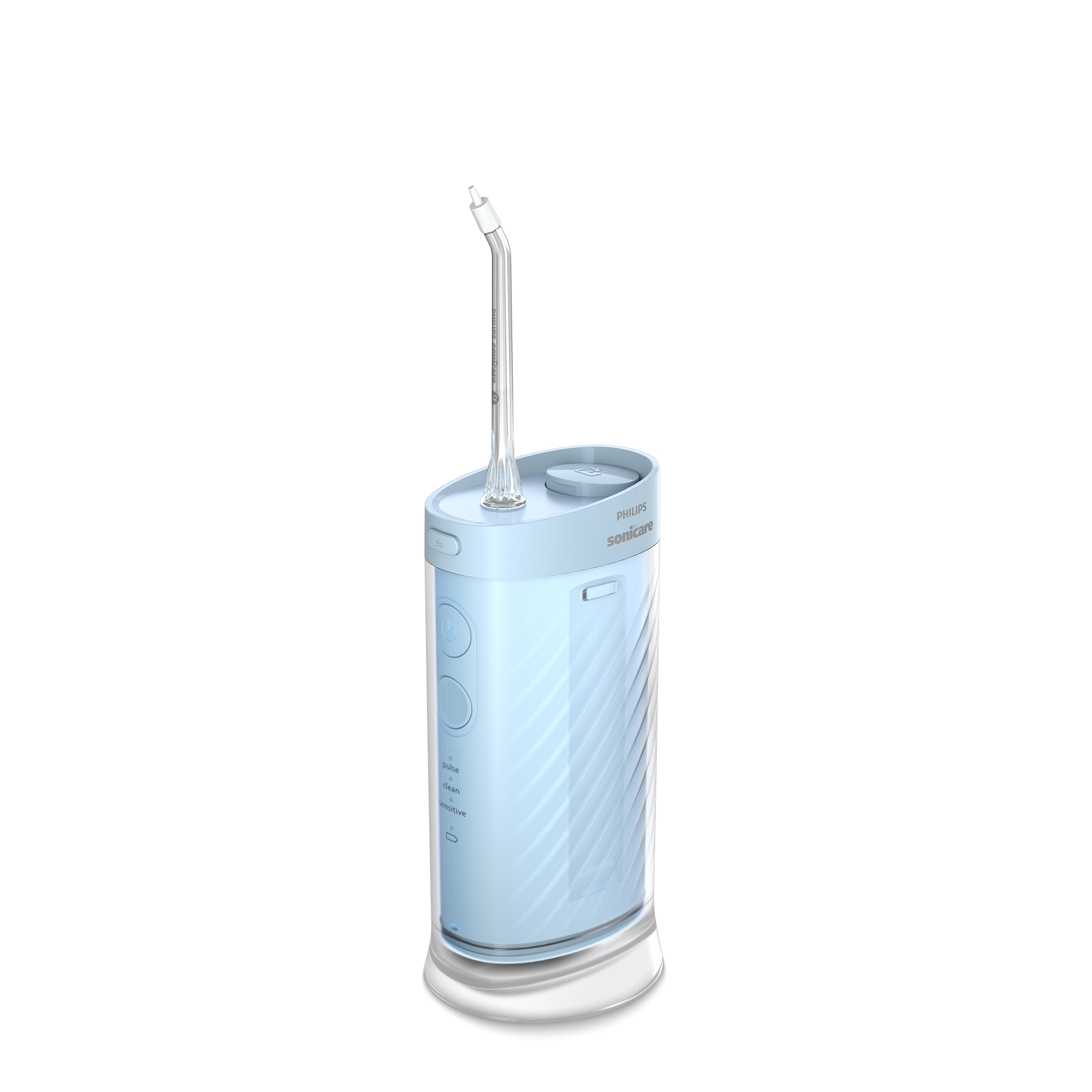 Un irrigador bucal inalámbrico Philips Sonicare azul claro y transparente se encuentra sobre fondo blanco.