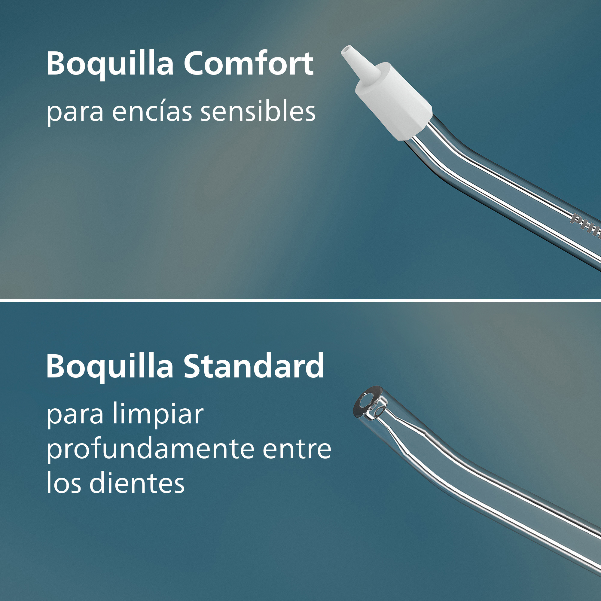 Comparación de dos boquillas de irrigador: Comfort para encías sensibles y Standard para limpieza profunda.