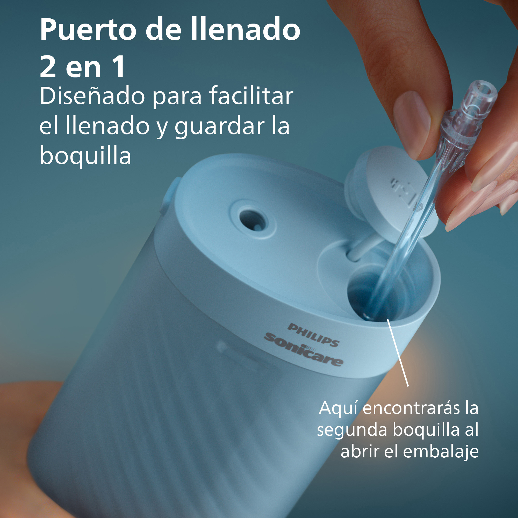 Mano inserta un tubo transparente en el dispositivo azul Philips Sonicare con tapa abierta.