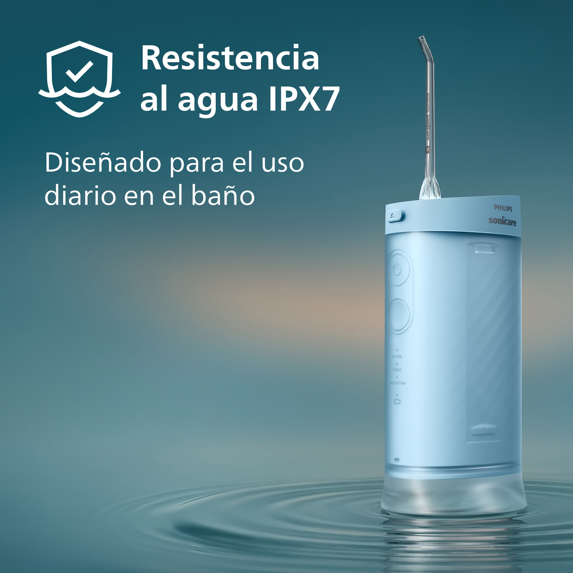 Un irrigador bucal Philips Sonicare azul sobre una superficie de agua con texto en español.
