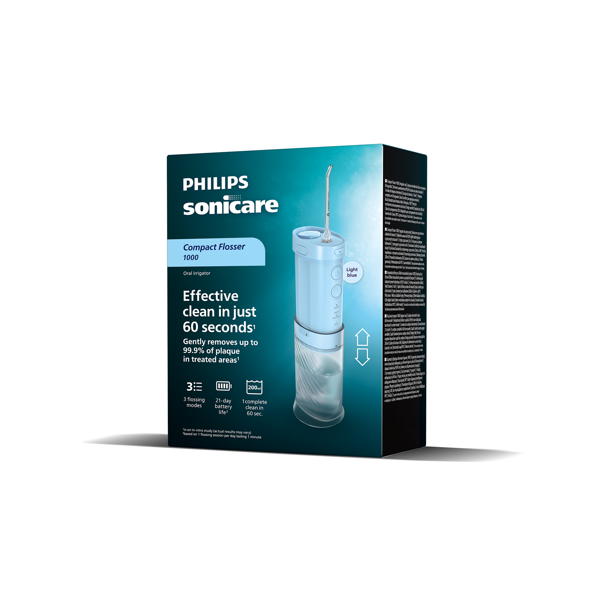 Philips Sonicare Compact Flosser 1000 en azul claro con accesorios en caja verde.