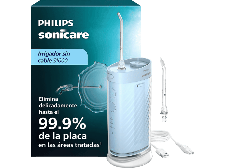 Irrigador bucal - Philips Sonicare Compact Flosser 1000 HX3333/24, 3 modos, Depósito 200 ml, 2 boquillas, 21 días de autonomía, Azul