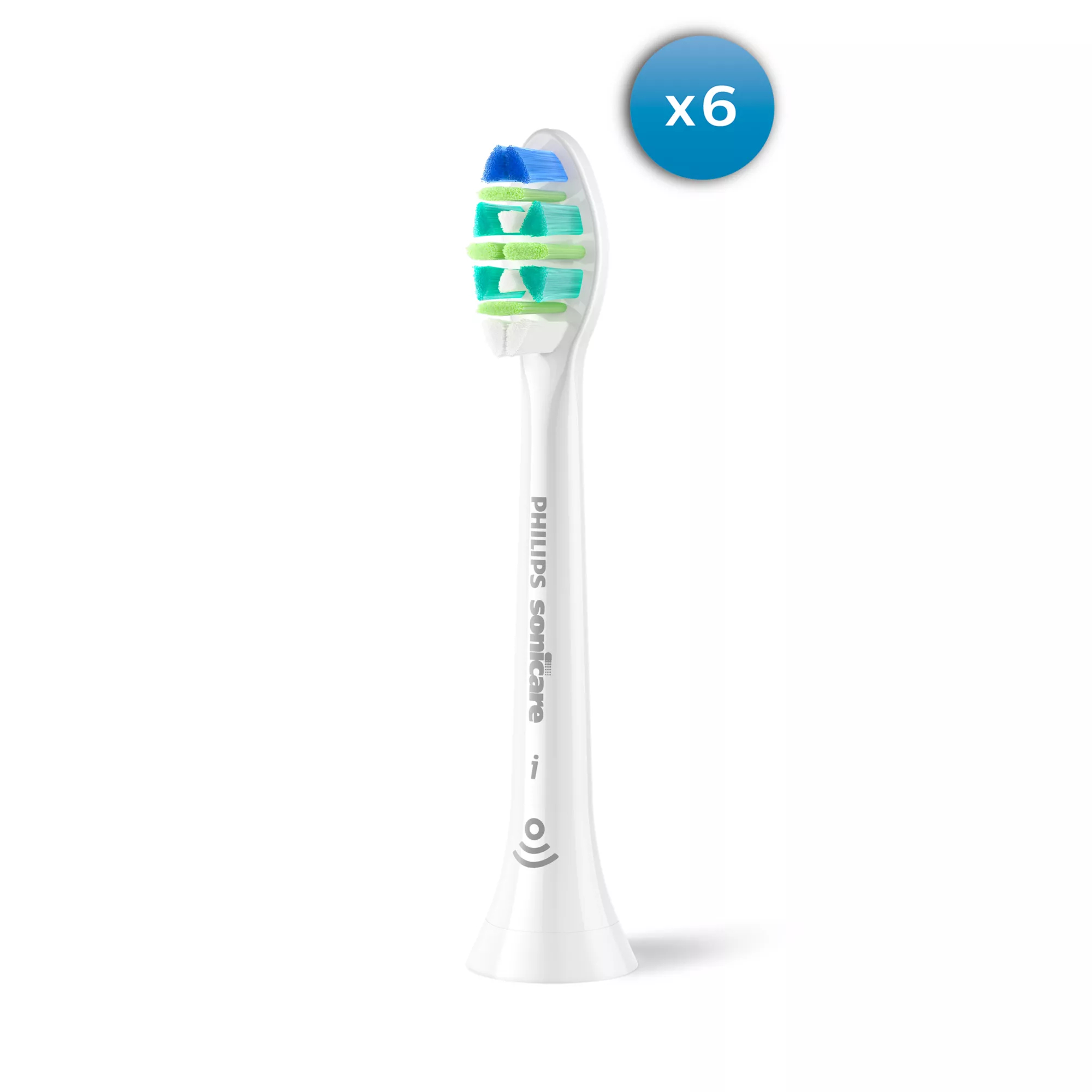 Un cabezal de repuesto para cepillo dental Philips Sonicare blanco con cerdas azules y verdes y una insignia 6x.