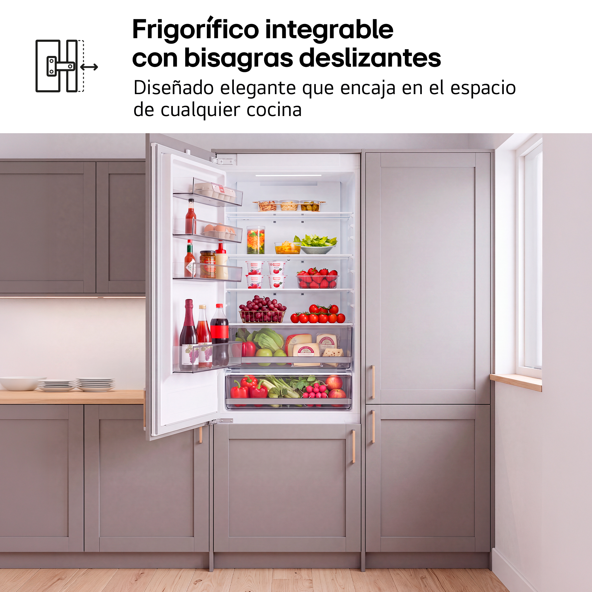 Frigorífico integrable con bisagras deslizantes Diseñado elegante que encaja en el espacio de cualquier cocina