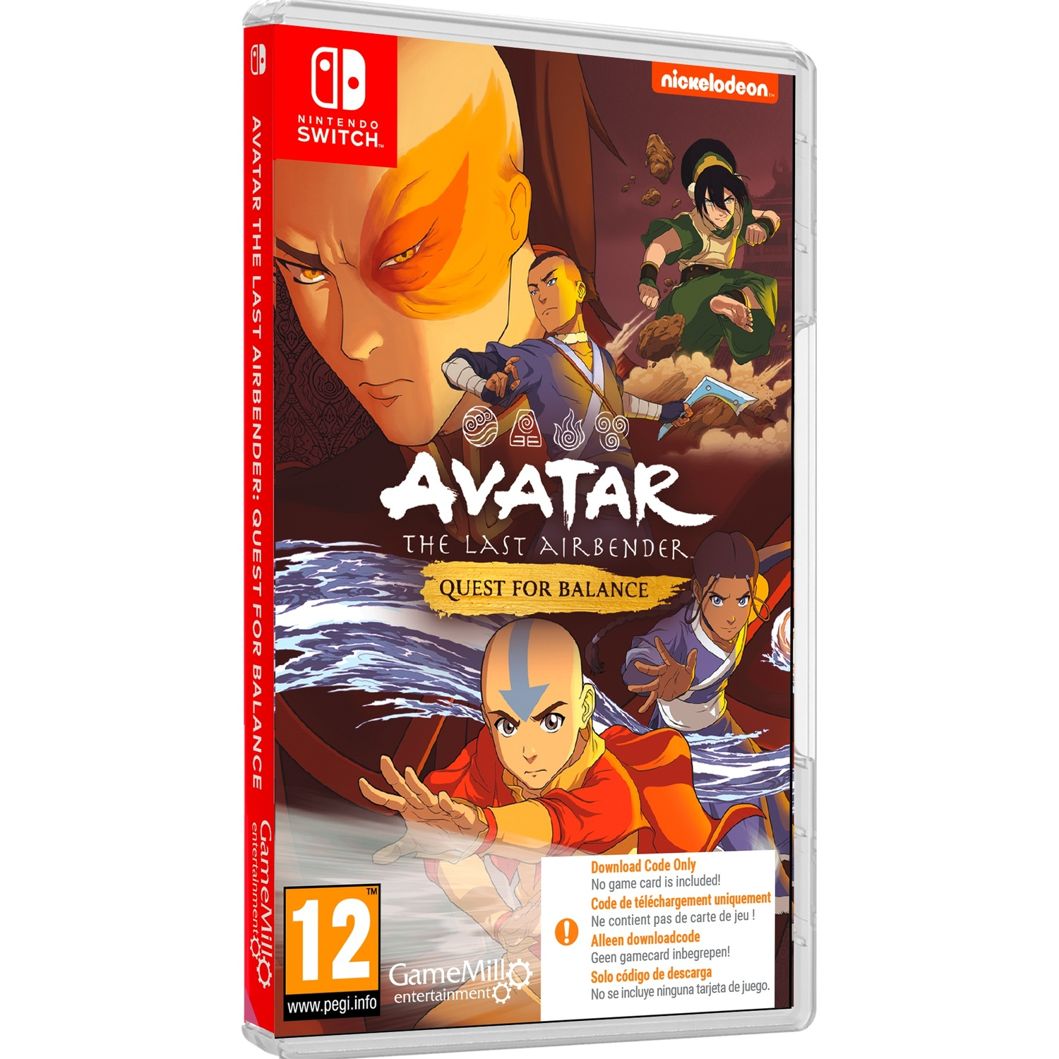 Nintendo Switch case for Avatar: The Last Airbender - Quest for Balance featuring characters and PEGI 12.