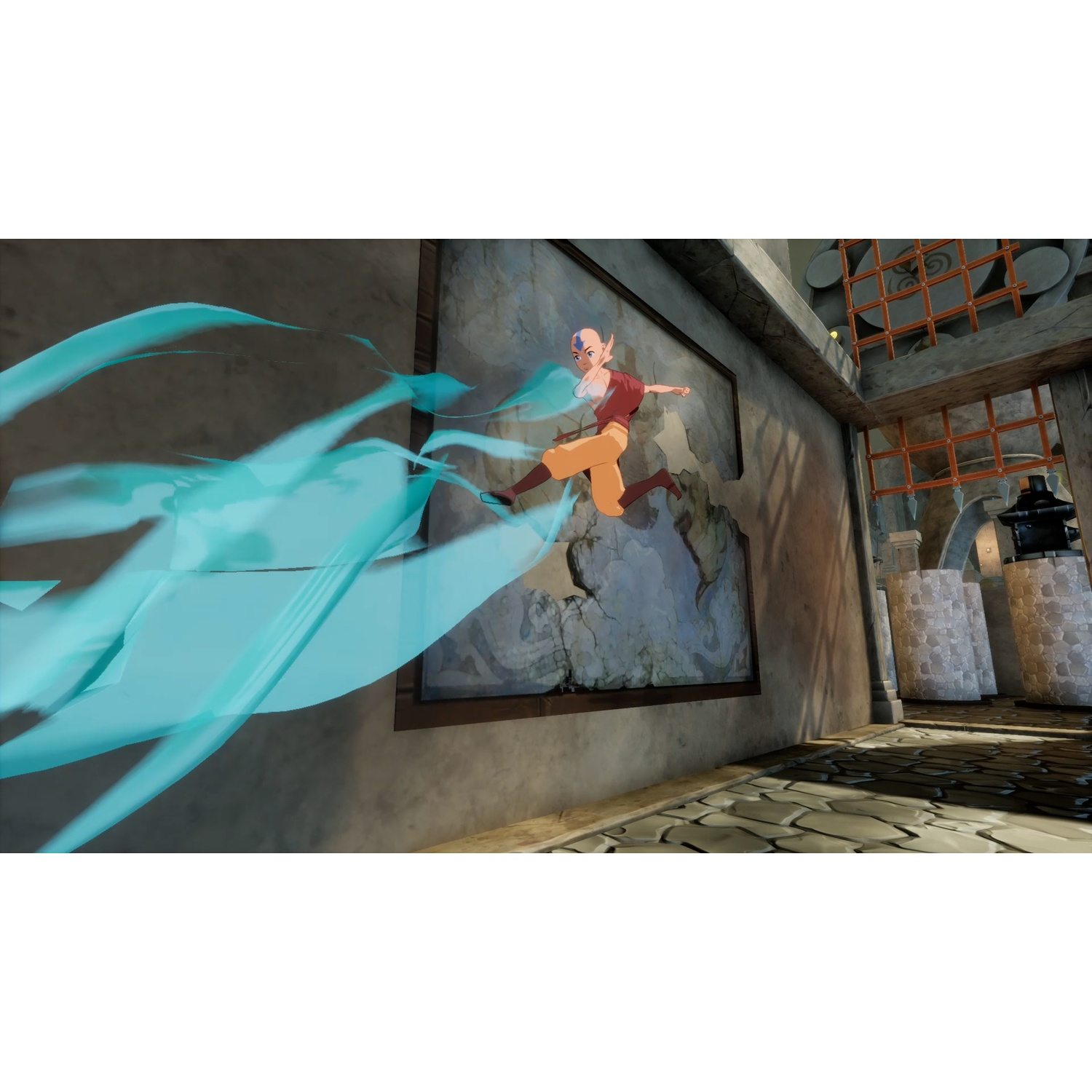 Aang from Avatar uses airbending to move swiftly past a stone wall inside a decorated temple.