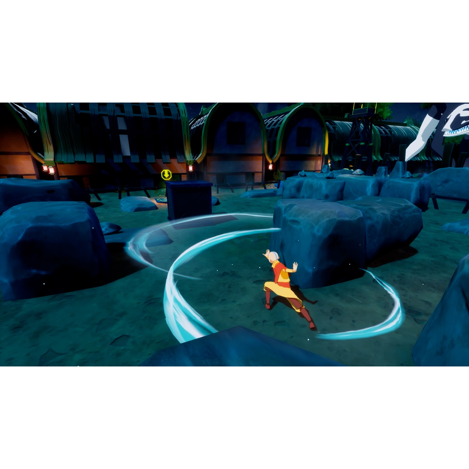 An animated character in yellow and red manipulates a blue energy burst among rocks in front of a village.