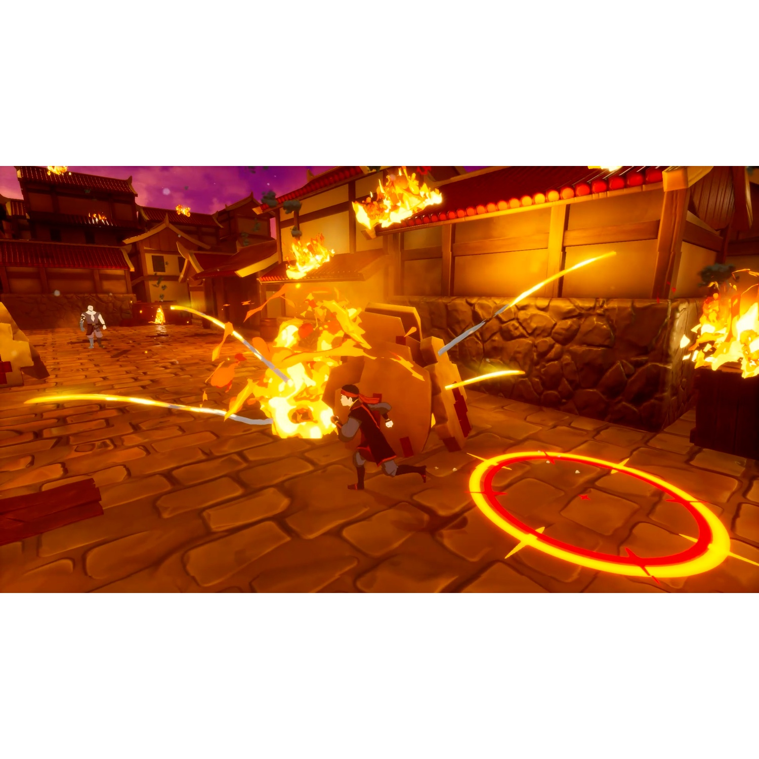 A warrior runs through a burning Asian-style city, surrounded by flames and bright yellow light effects.