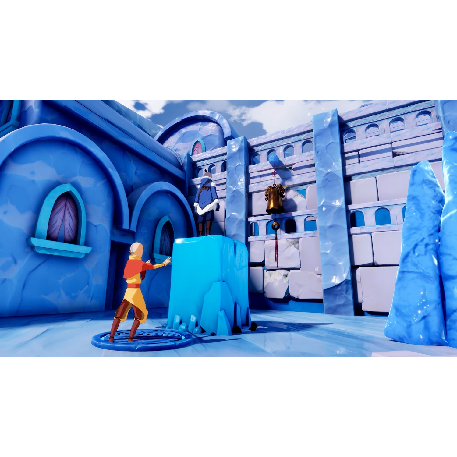 Avatar Aang stands before a large blue ice sculpture in a frosty, blue palace courtyard.