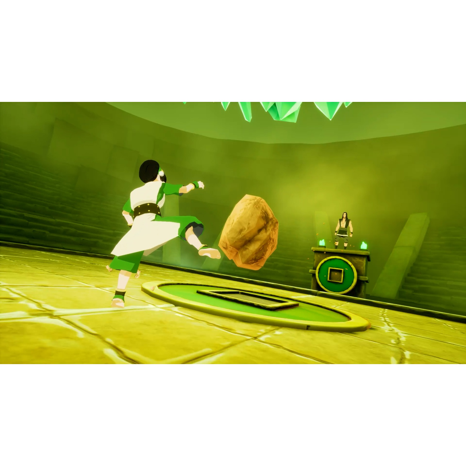 An animated character in green and white kicks a rock in a stone arena filled with toxic green mist.