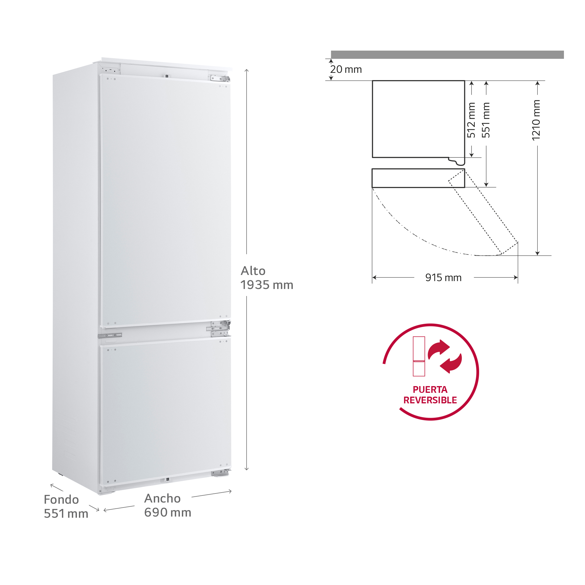 Frigorífico combi integrable - LG CCJ7396SCHQ, Total No Frost, 193.5 cm, 385 l, DoorCooling+™, Sin panelar,  Blanco