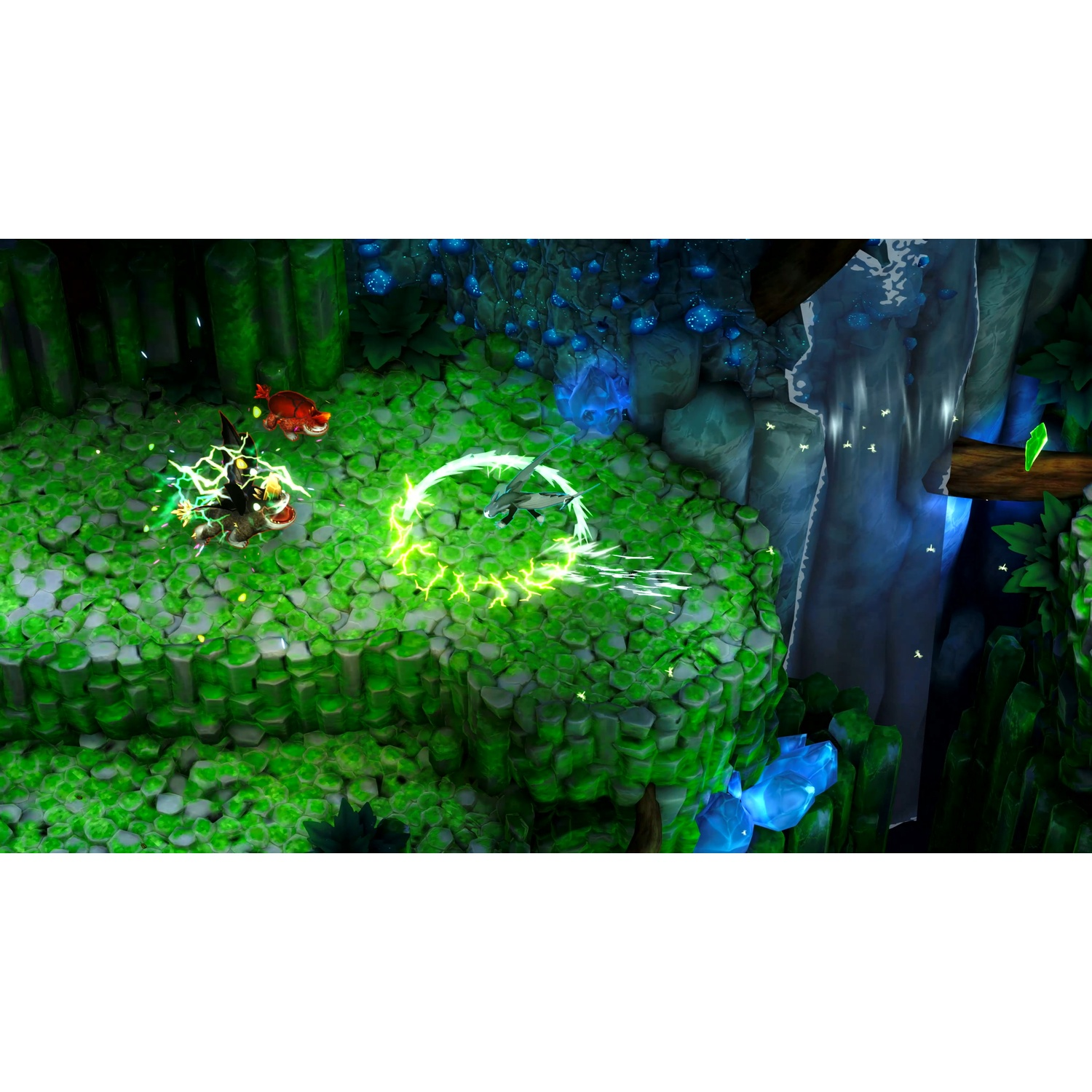 Een videogamescène toont wezens op groen steen met een gloeiende groene energiering en blauw water.