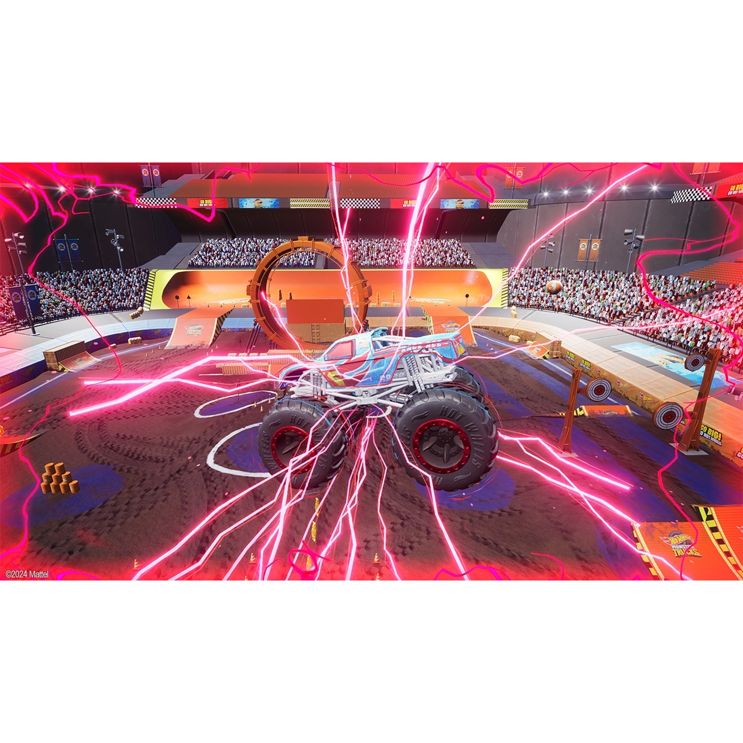 A blue and red monster truck stands in an arena, surrounded by glowing pink lightning lines and cheering crowds.