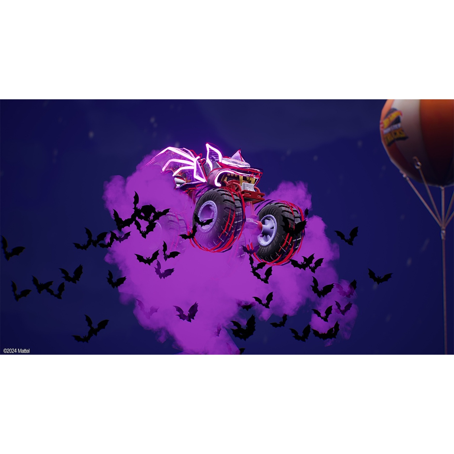 Monster truck jumps out of purple smoke with bats against a dark background.